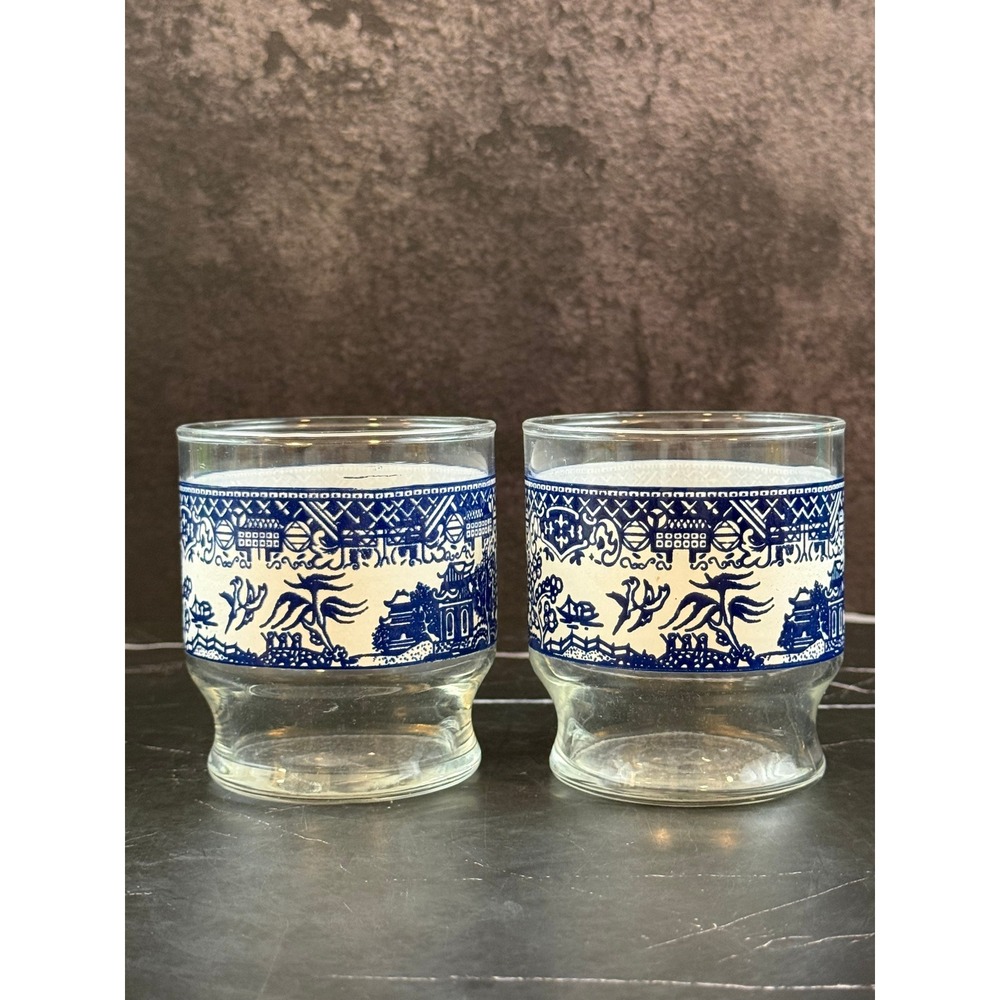 VTG PAIR (2) Blue Willow Juice Glasses Chinoiserie 3.25in Heritage Mint